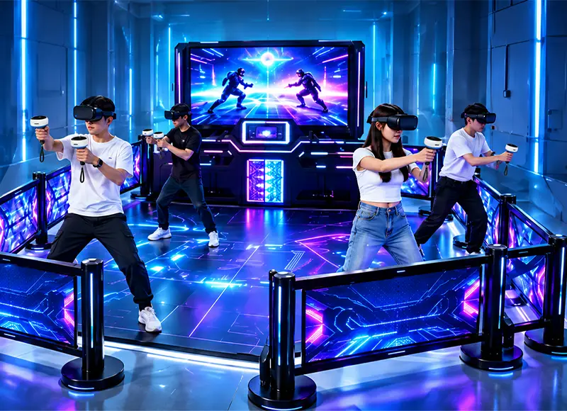 Four players using VR headsets and handheld controllers inside a free-roam arena