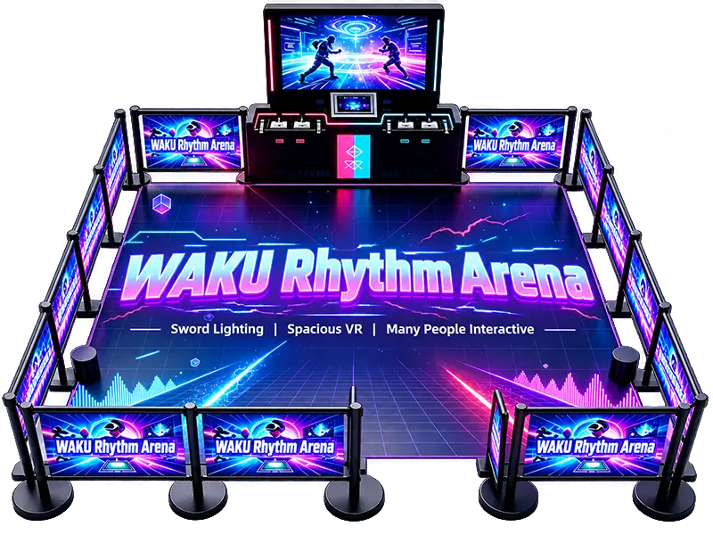 WAKU Rhythm Arena free-roam VR platform with perimeter barriers and a game display