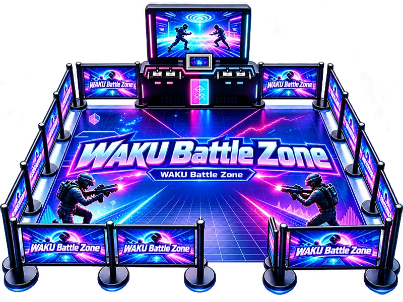 WAKU Battle Zone multiplayer VR arena with perimeter barriers and a game display