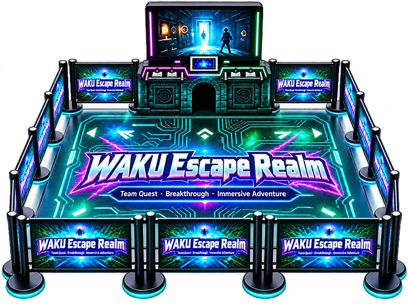 WAKU Escape Realm free-roam VR platform with green illuminated flooring and a game display