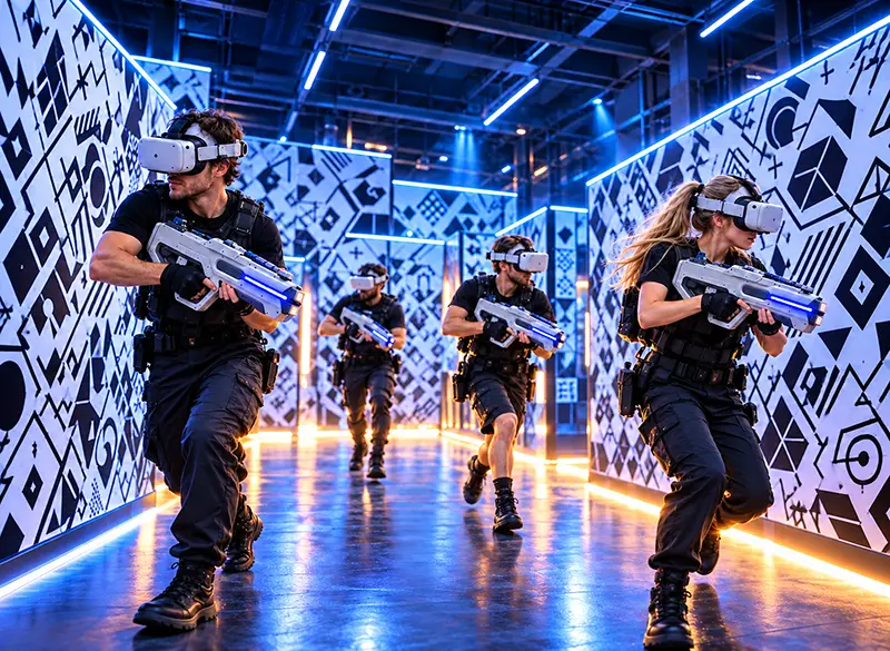 Illustration of four XR free-roam players with headsets and game controllers in a mapped maze