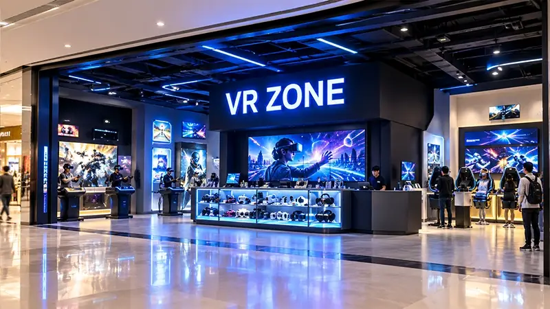 VR entertainment storefront with game displays inside a shopping mall
