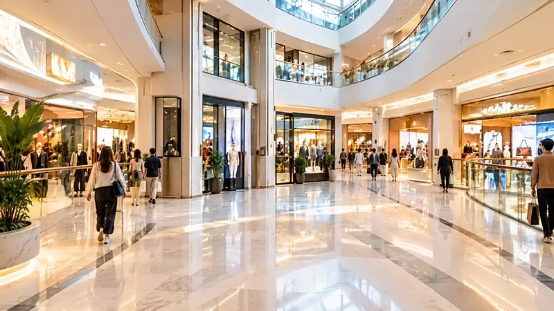 Shopping mall atrium with retail storefronts and an open pedestrian area