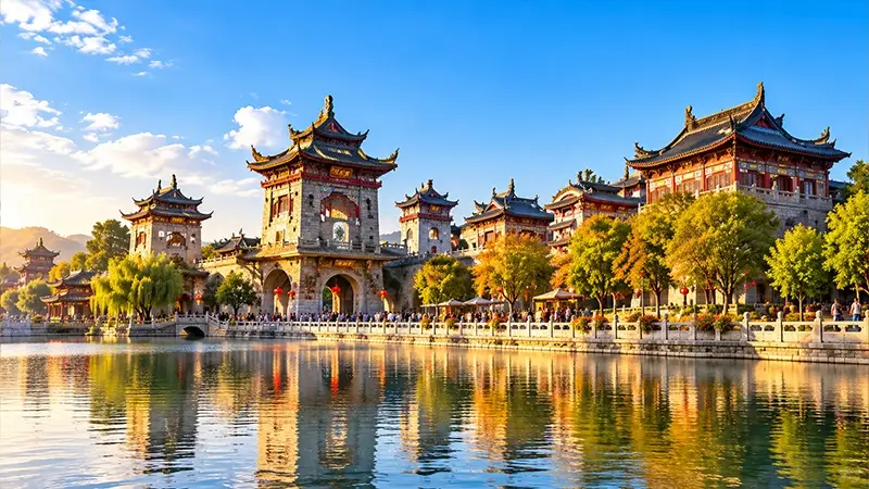 Traditional Chinese buildings beside a lake at a cultural tourism destination