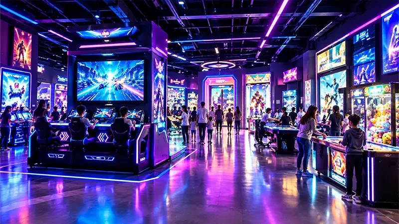 Indoor entertainment center with illuminated arcade and VR attractions