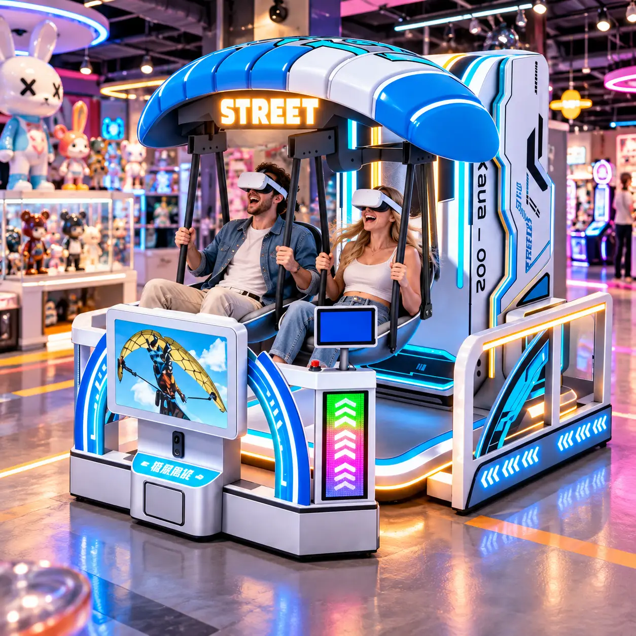 Illustration of a two-player VR skydiving simulator with seated guests in an indoor entertainment venue