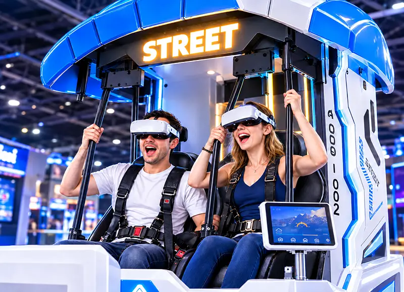 Two guests wearing VR headsets in a blue and white skydiving simulator cabin
